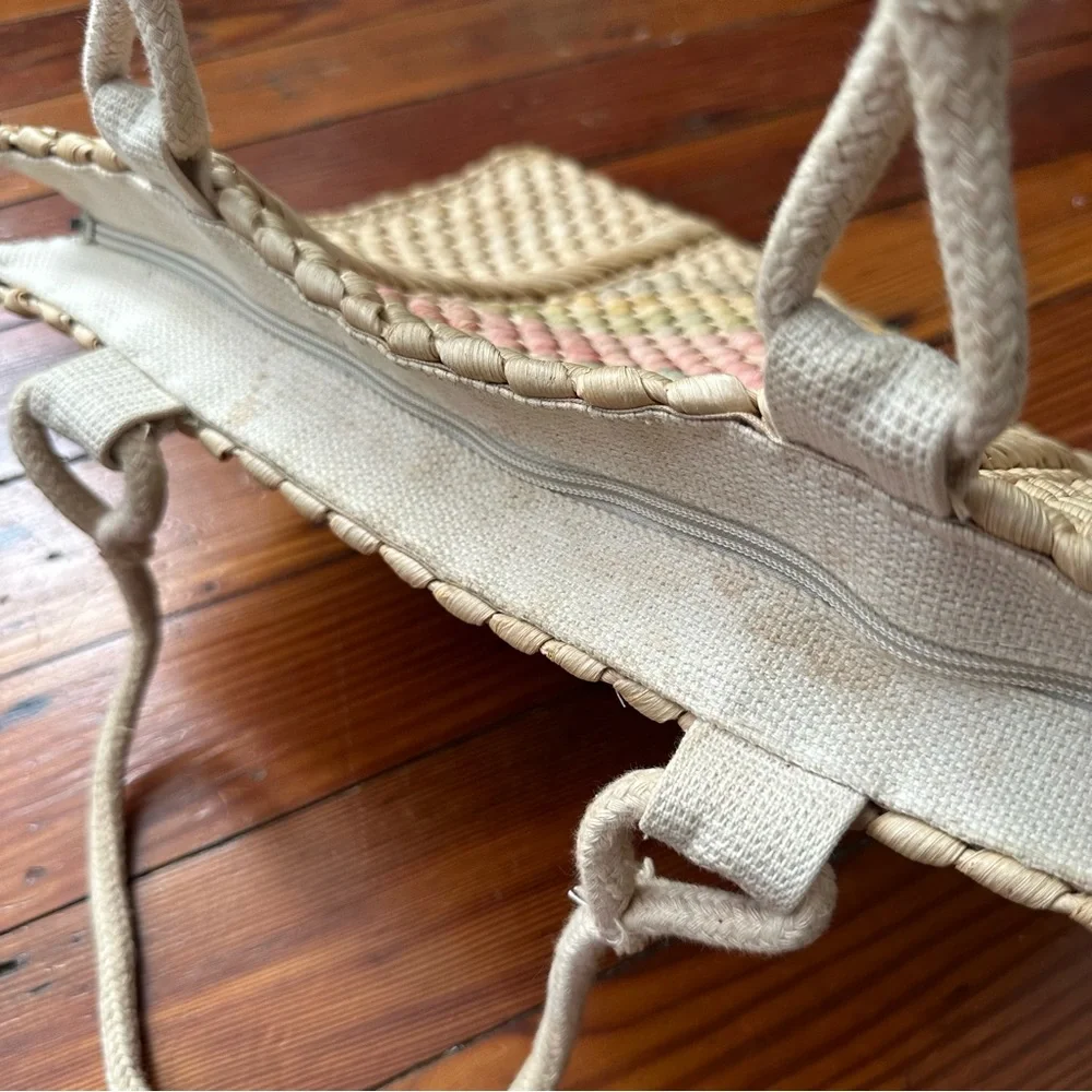Vintage early 80s large woven straw flat shoulder bag